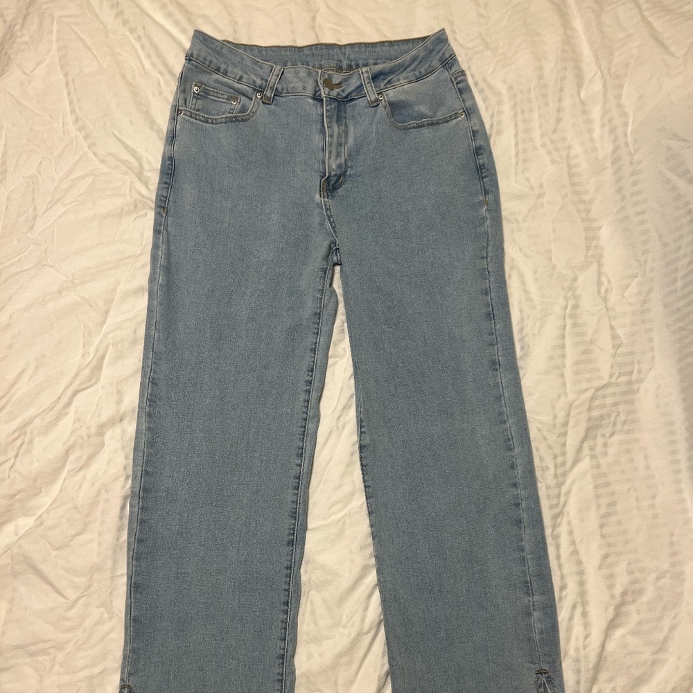 Women Mid Rise Flare Jeans Wide Leg Slit Ankle Casual Denim Pants